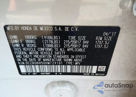 2017 Honda Hr-V Ex z USA, uszkodzony, nr VIN 3CZRU6H50HM724191